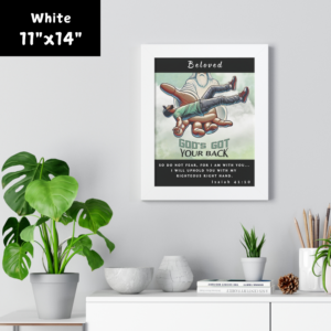 Personalizable "God's Got Your Back" Vertical Framed Poster Featuring A Melanated Man Falling Onto God's Righteous Right Hand | Motivational Decor Featuring Isaiah 41:10 | Inspirational Christian Poster