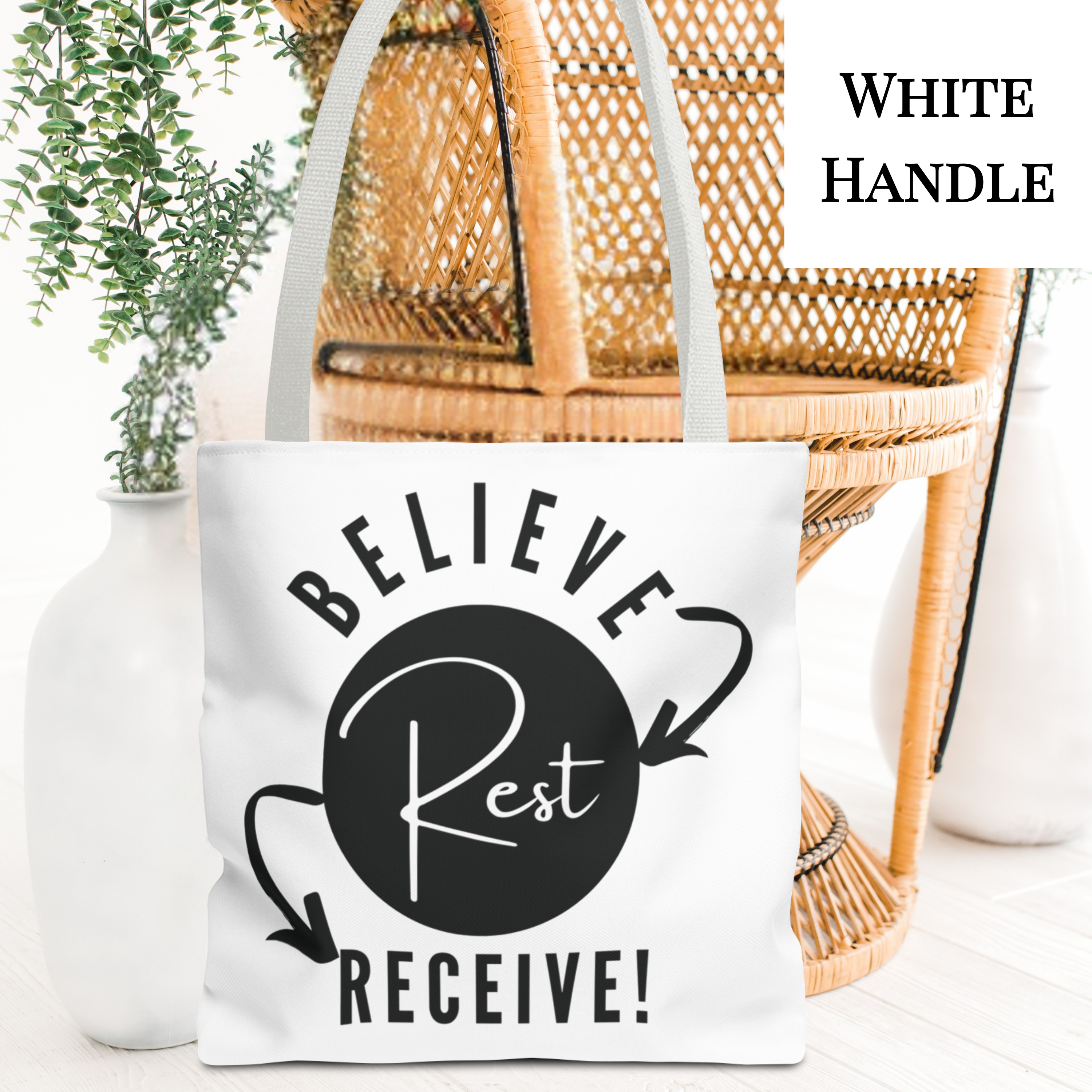 Black on White "Believe-Rest-Receive!™" Tote Bag | Christian Faith Tote with the Believe-Rest-Receive! Roadmap of Faith | Inspirational Gift - 13"x13", 16"x16", or 18"x18" Size Options - Image 2