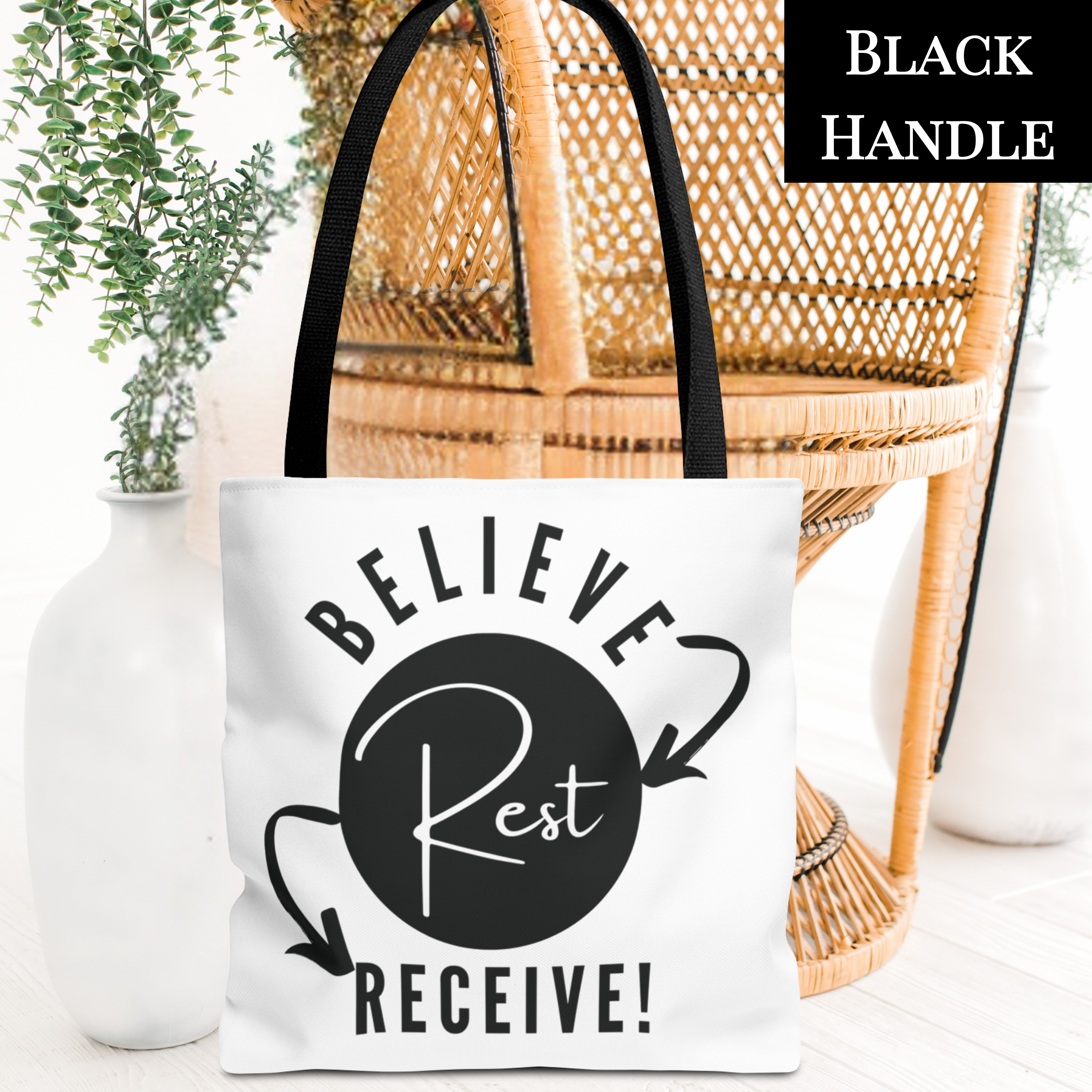 Black on White "Believe-Rest-Receive!™" Tote Bag | Christian Faith Tote with the Believe-Rest-Receive! Roadmap of Faith | Inspirational Gift - 13"x13", 16"x16", or 18"x18" Size Options
