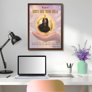 VERTICAL OR HORIZONTAL FRAMED POSTER: Personalizable "God's Got Your Back" Poster Featuring A Glowing Photo Locket Necklace Falling From the Sky Onto God's Righteous Right Hand | Motivational Decor Featuring Isaiah 41:10 | Choice of Vertical or Horizontal Wire Hanging Kit