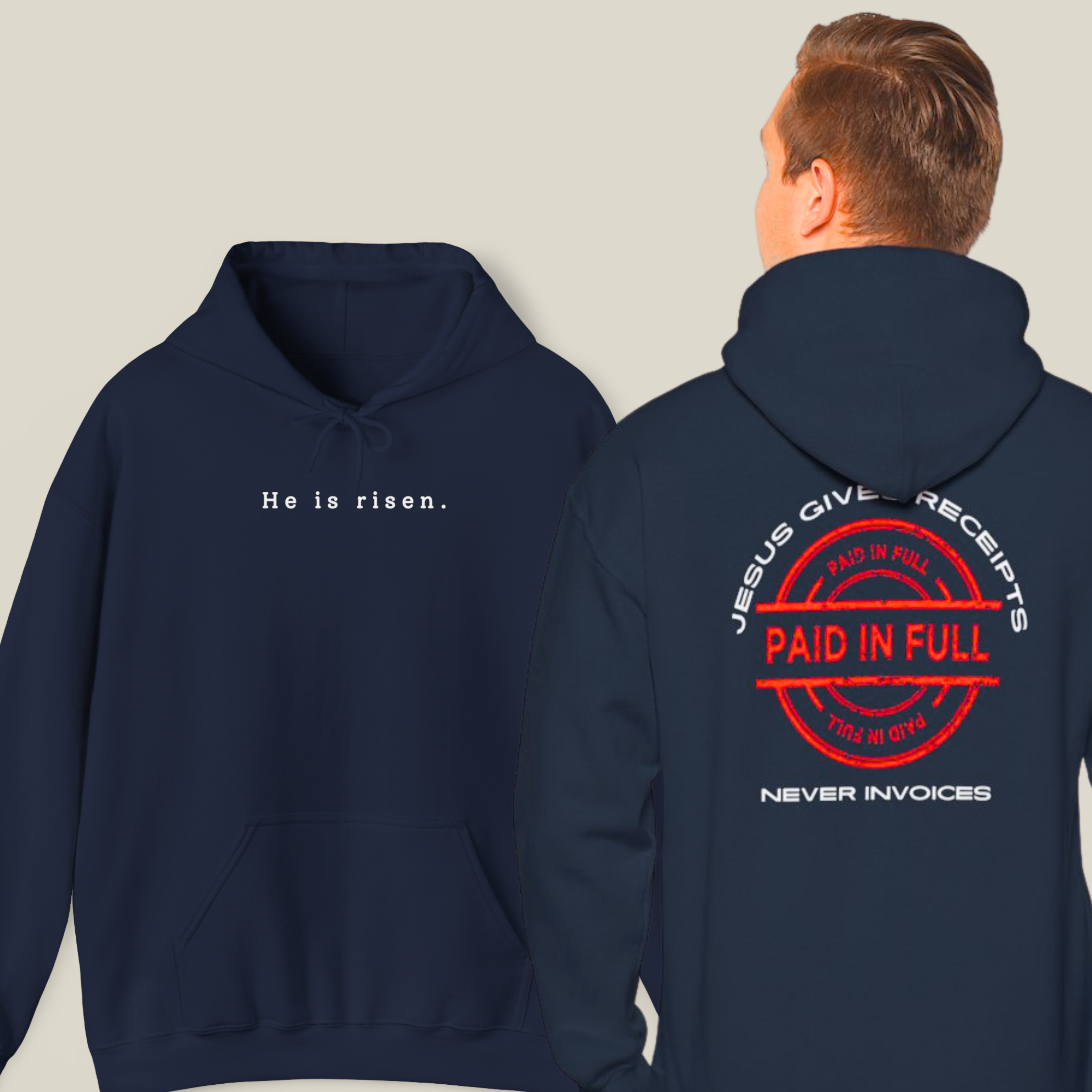 "He is risen. - Jesus Gives Receipts - Never Invoices" Christian Hoodie | "Paid-in-Full" Christian Graphic Streetwear | Gildan 18500 ™ Unisex Pullover Hooded Sweatshirt | Faith Apparel Gift - Image 5