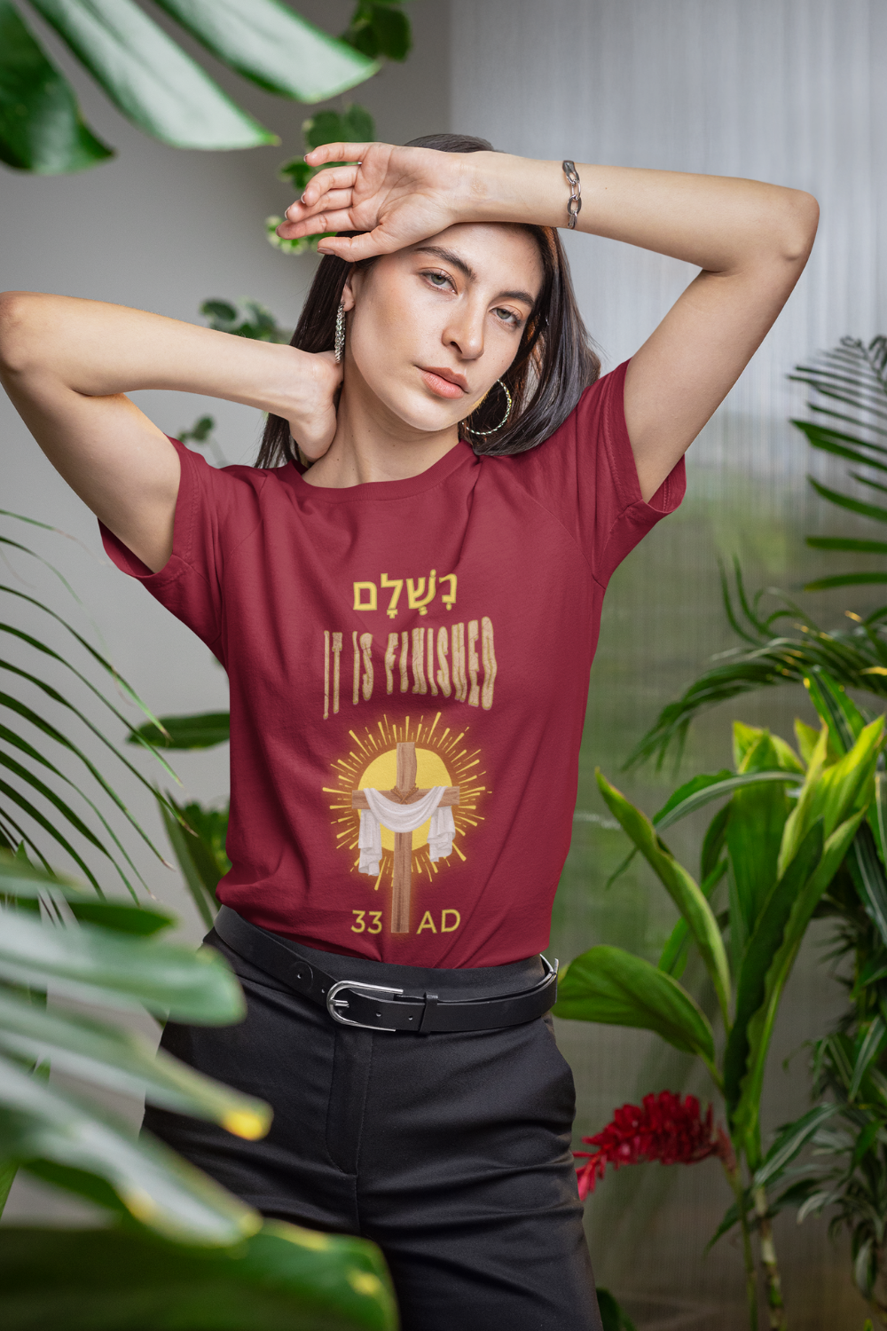 "נִשְׁלָם /It is Finished" Christian T-Shirt | John 19:30 Christian Apparel | Cross and Robe Design | 33 AD Faith Shirt - Image 3