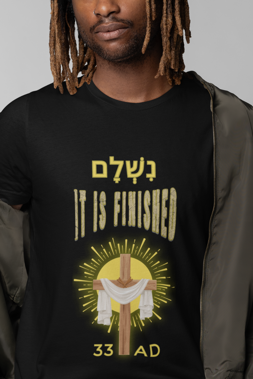 "נִשְׁלָם /It is Finished" Christian T-Shirt | John 19:30 Christian Apparel | Cross and Robe Design | 33 AD Faith Shirt - Image 8