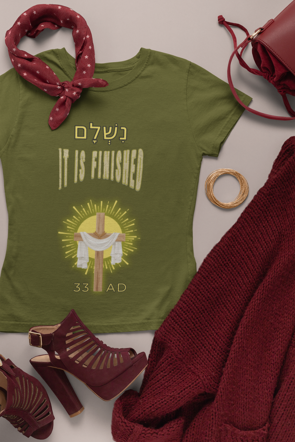 "נִשְׁלָם /It is Finished" Christian T-Shirt | John 19:30 Christian Apparel | Cross and Robe Design | 33 AD Faith Shirt - Image 5