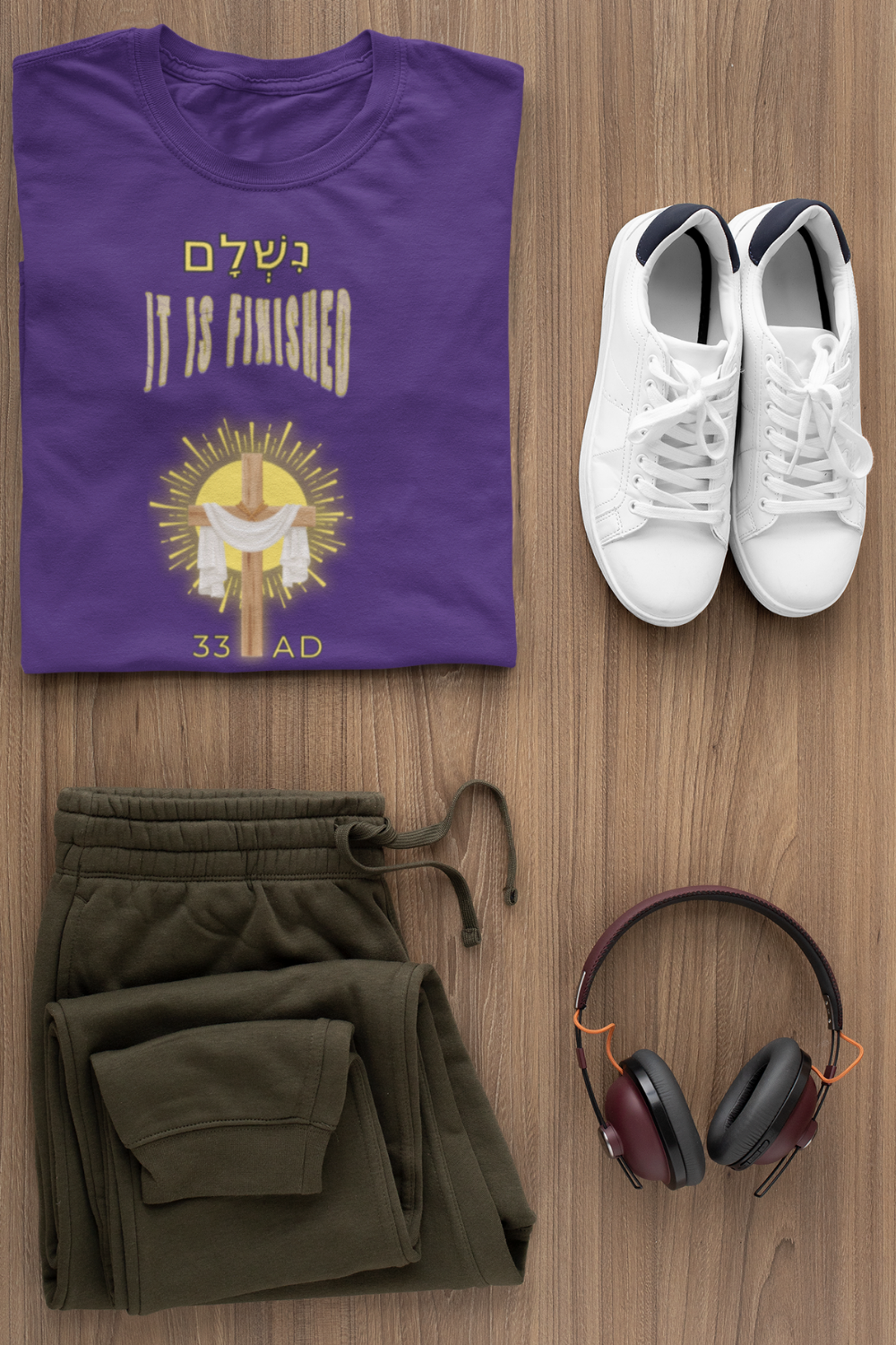 "נִשְׁלָם /It is Finished" Christian T-Shirt | John 19:30 Christian Apparel | Cross and Robe Design | 33 AD Faith Shirt - Image 2