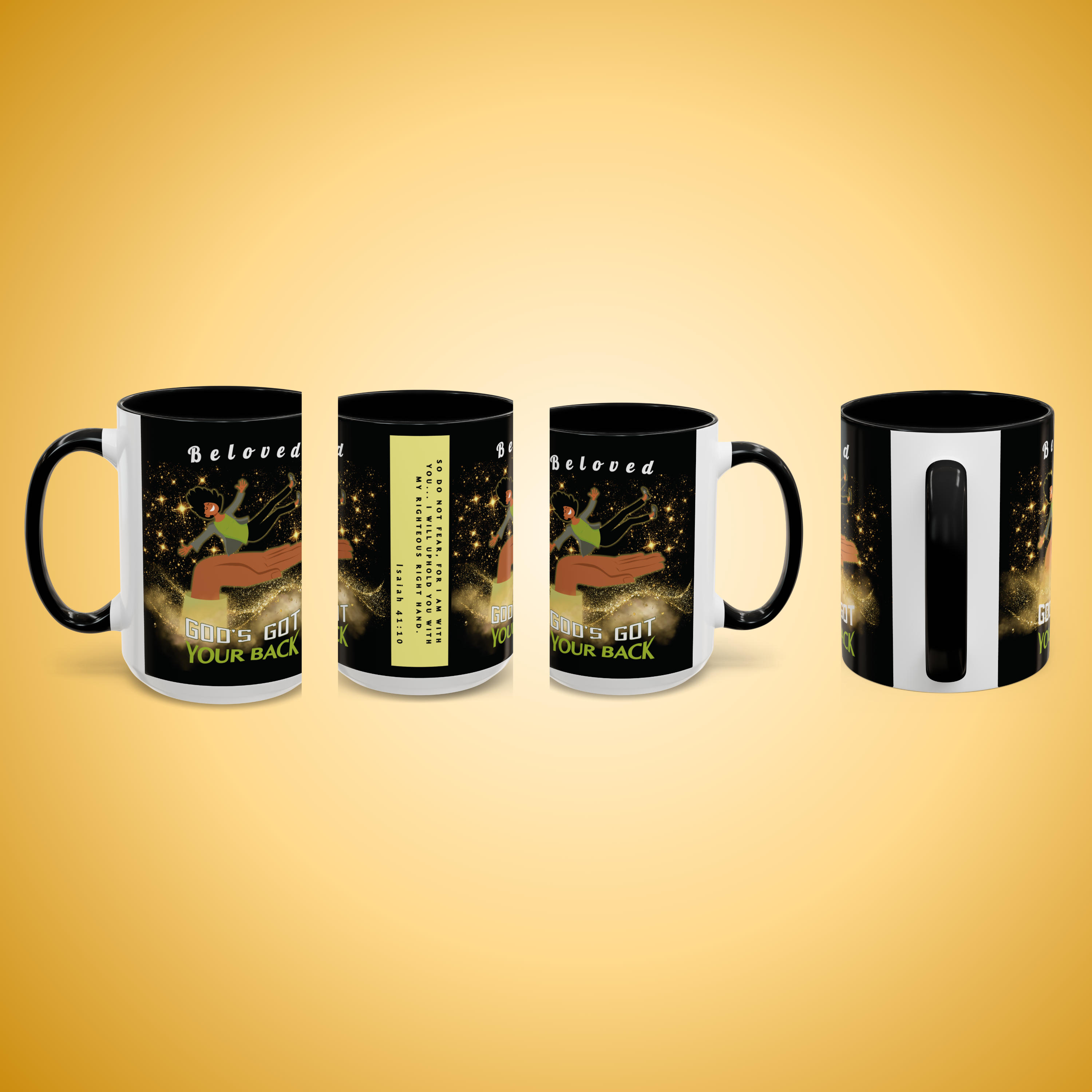 Personalizable "God's Got Your Back" Christian Wraparound Mug Featuring a Melanated Woman Falling Onto God's Right Hand | Bible Verse Isaiah 41:10 Personalized Faith Mug | Inspirational Scripture Gift for Believers - Image 2