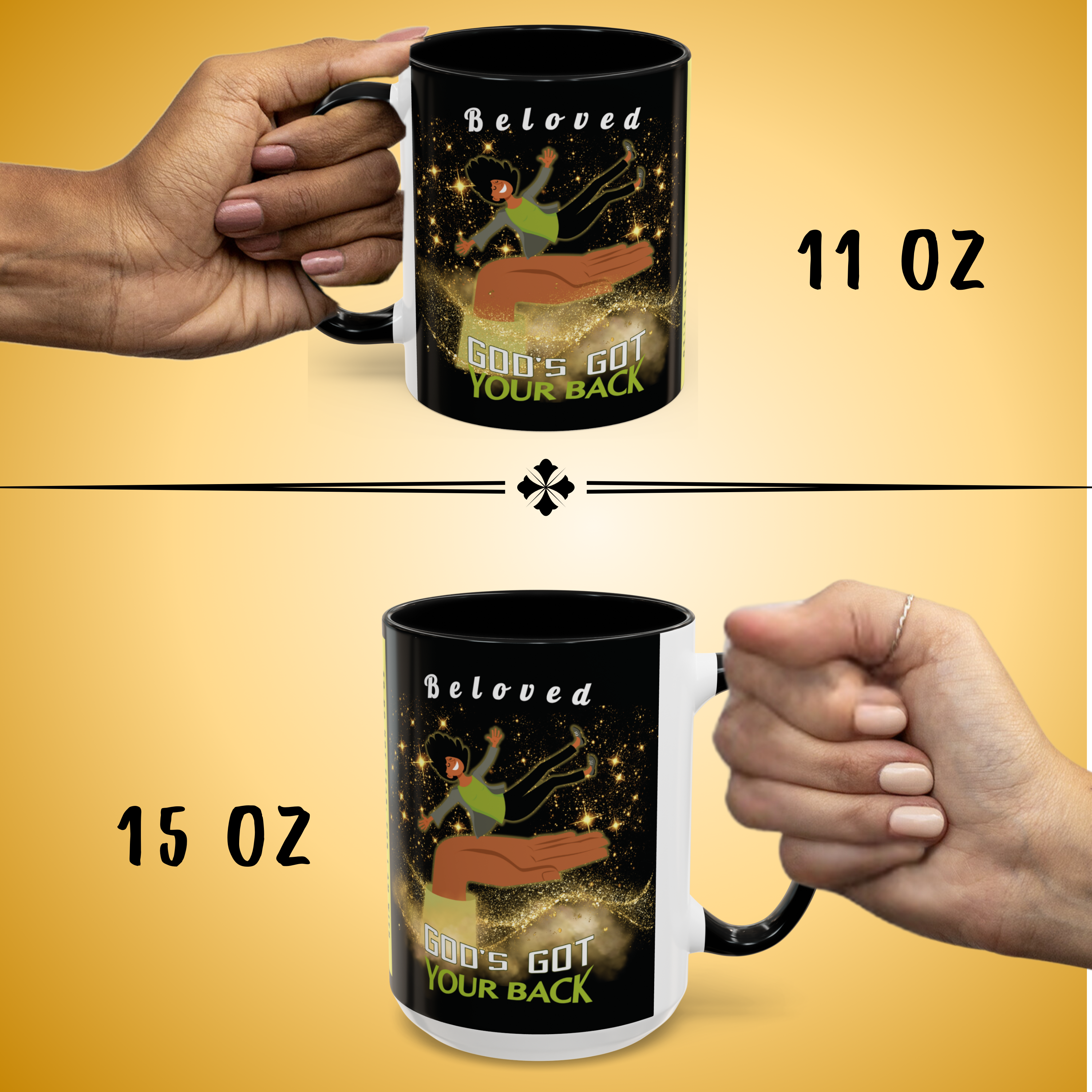 Personalizable "God's Got Your Back" Christian Wraparound Mug Featuring a Melanated Woman Falling Onto God's Right Hand | Bible Verse Isaiah 41:10 Personalized Faith Mug | Inspirational Scripture Gift for Believers