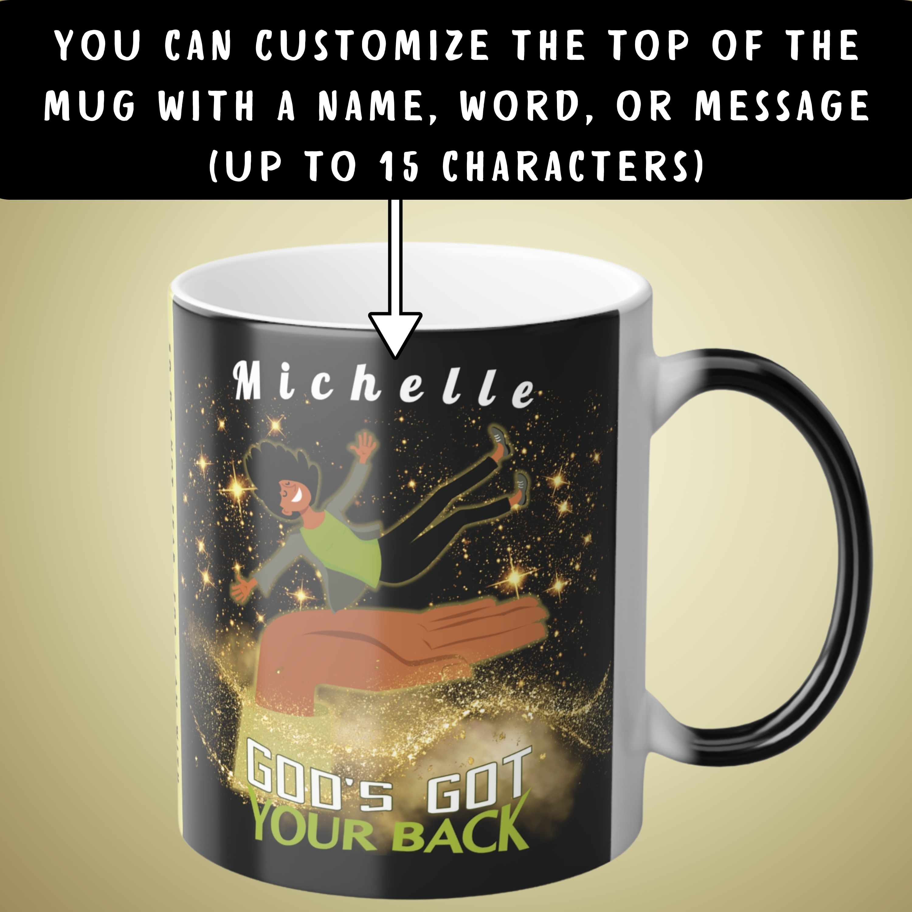 Personalizable Color-Changing "God's Got Your Back" Magic Drinkware | Melanated Woman Falling Onto God's Righteous Right Hand | Bible Verse Isaiah 41:10 - Image 3