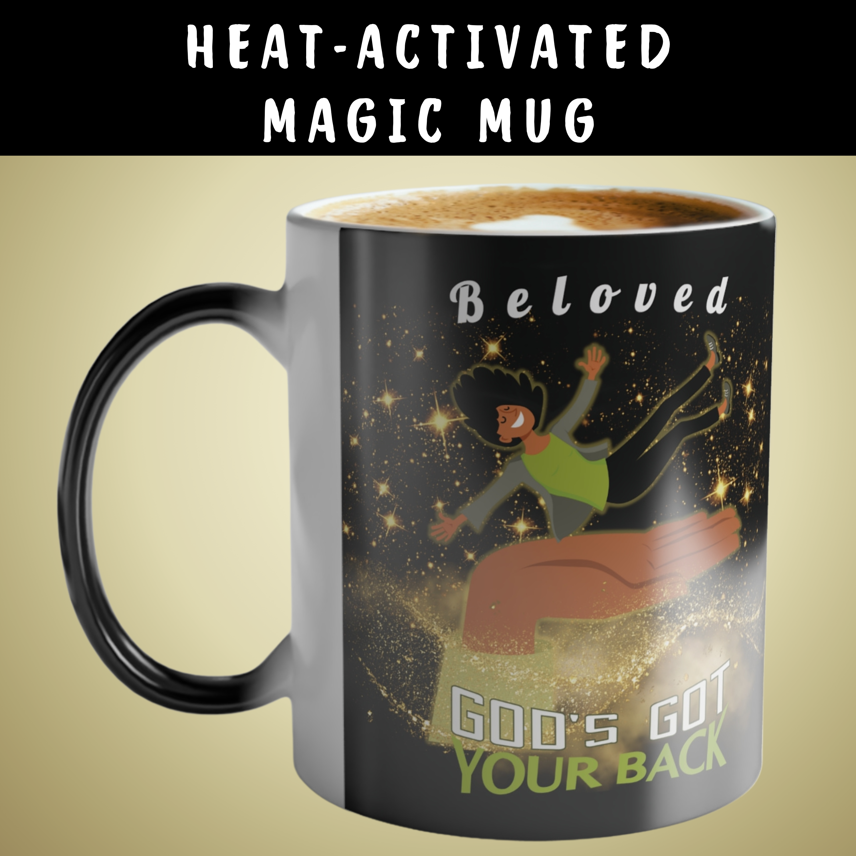 Personalizable Color-Changing "God's Got Your Back" Magic Drinkware | Melanated Woman Falling Onto God's Righteous Right Hand | Bible Verse Isaiah 41:10