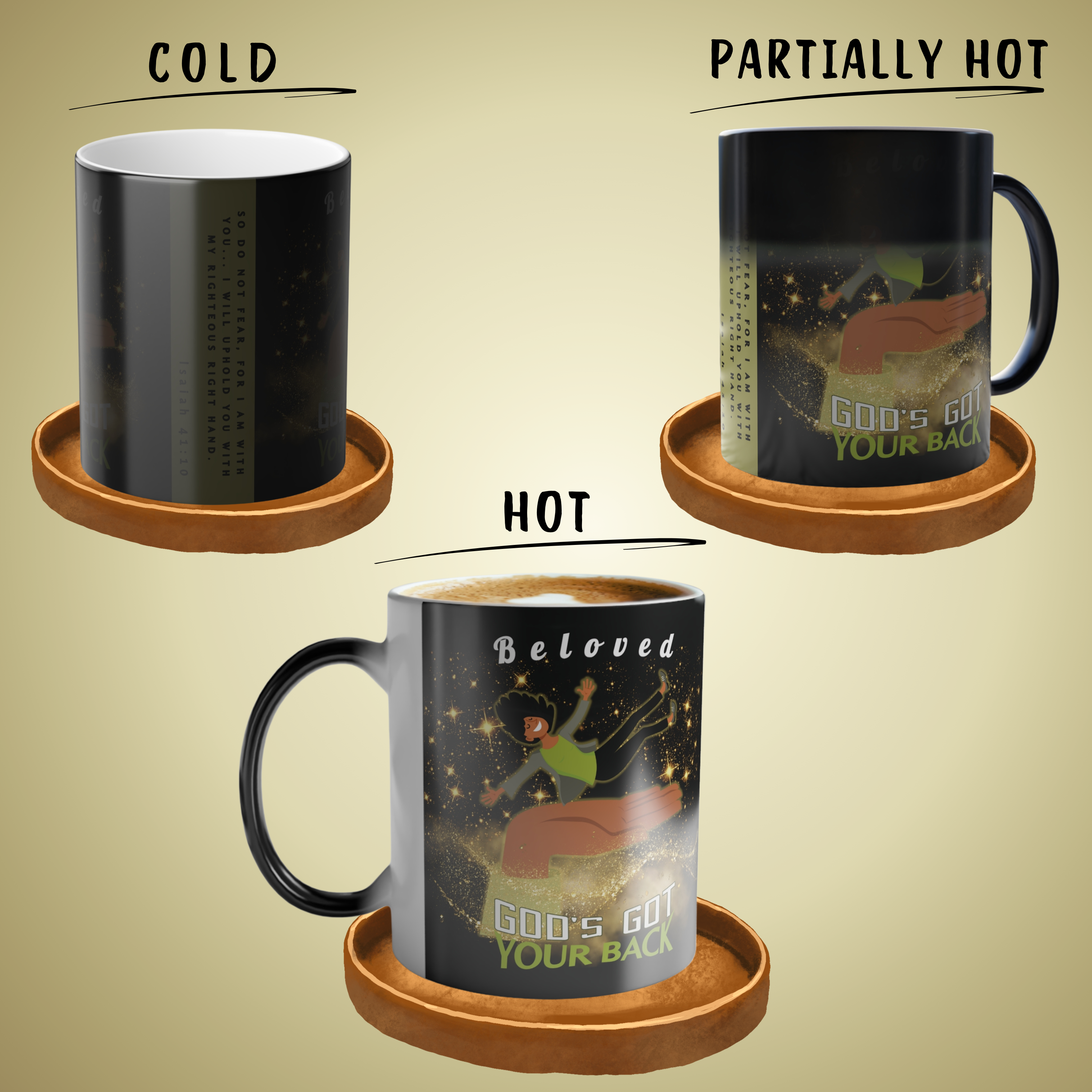 Personalizable Color-Changing "God's Got Your Back" Magic Drinkware | Melanated Woman Falling Onto God's Righteous Right Hand | Bible Verse Isaiah 41:10 - Image 2