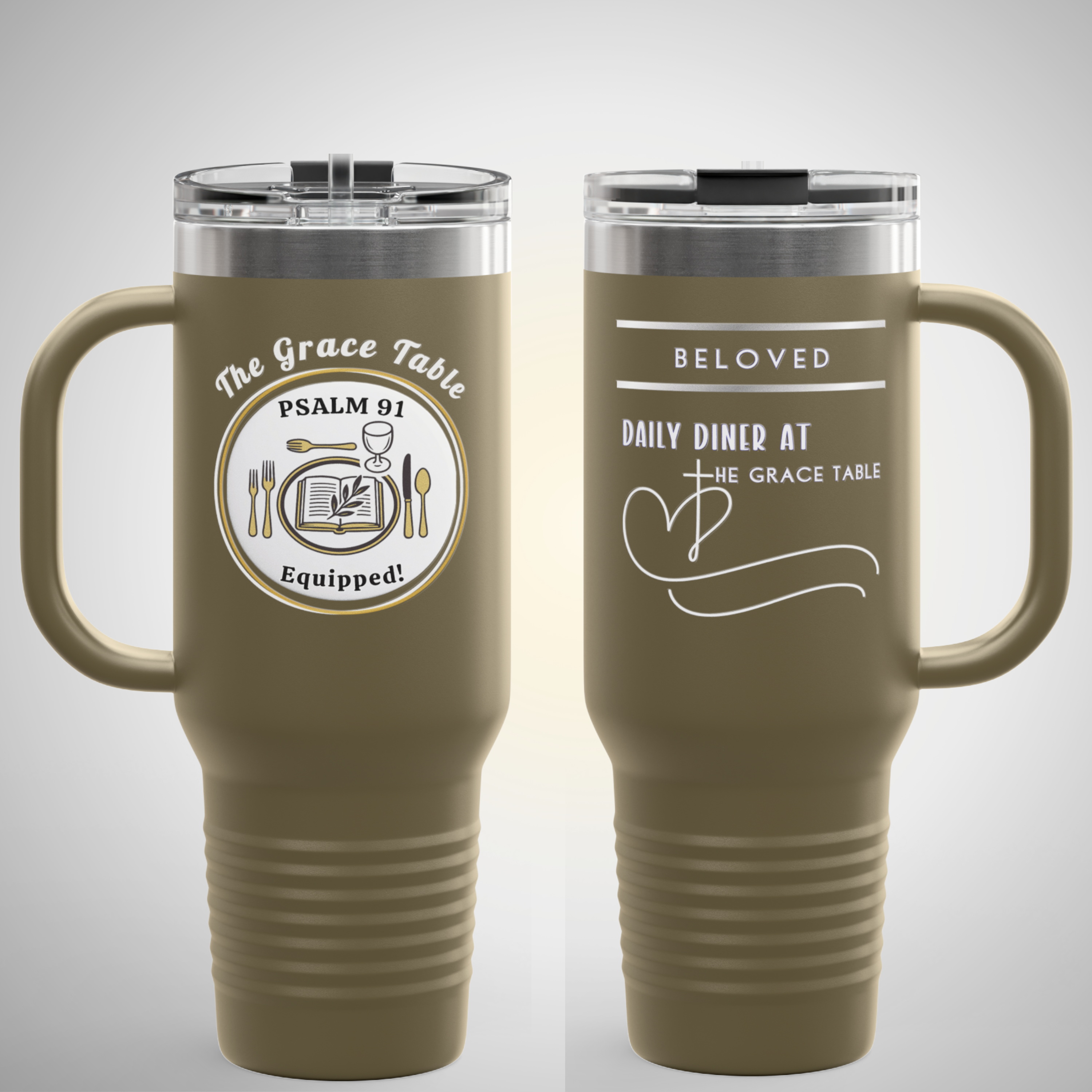 Personalizable "Daily Diner At The Grace Table™- Psalm 91 Equipped" 40 Oz Travel Mug | Insulated Tumbler with Handle & Straw | Custom Christian Gift | God’s Beloved Drinkware | Faith-Based Insulated Cup (5 Colors) - Image 12