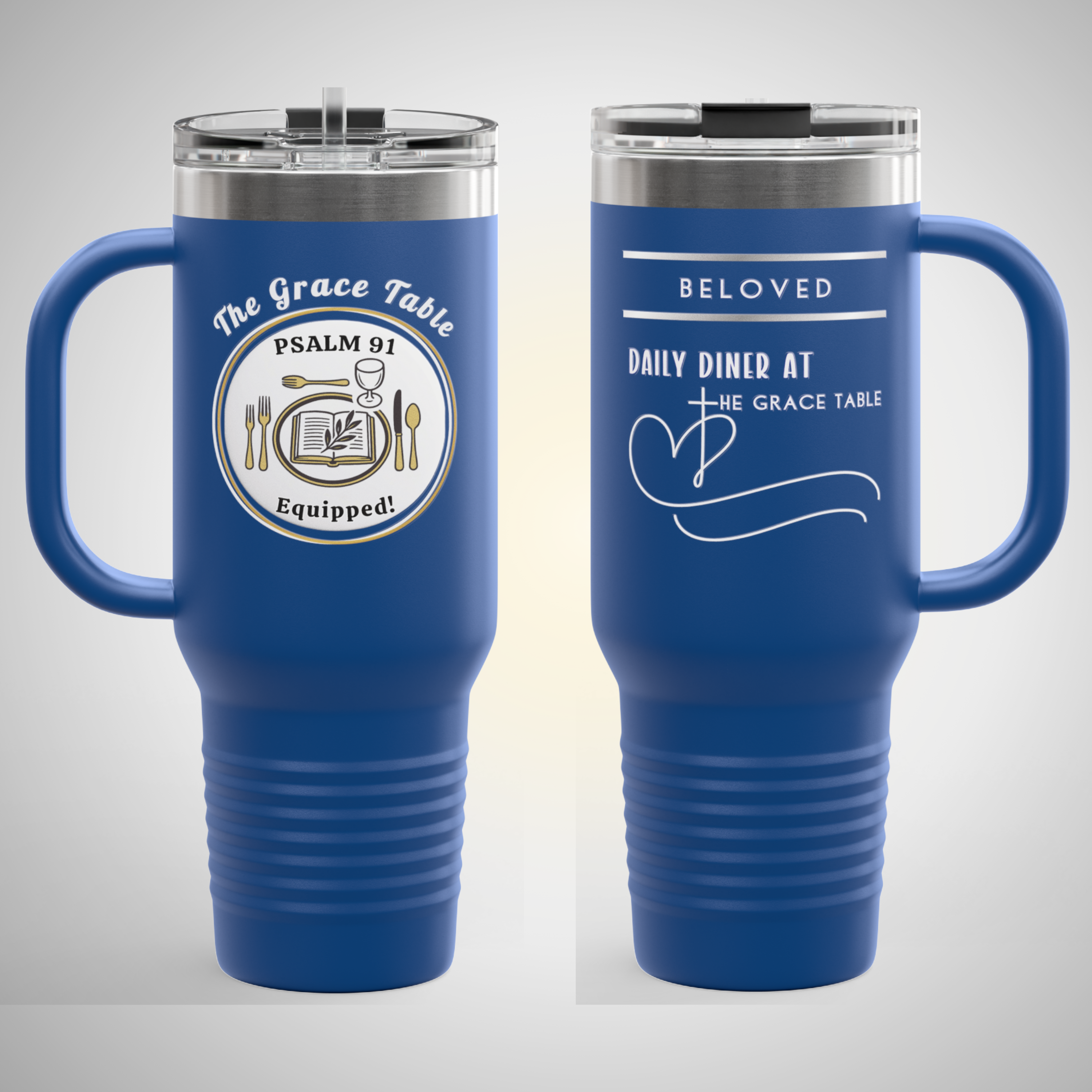 Personalizable "Daily Diner At The Grace Table™- Psalm 91 Equipped" 40 Oz Travel Mug | Insulated Tumbler with Handle & Straw | Custom Christian Gift | God’s Beloved Drinkware | Faith-Based Insulated Cup (5 Colors) - Image 2