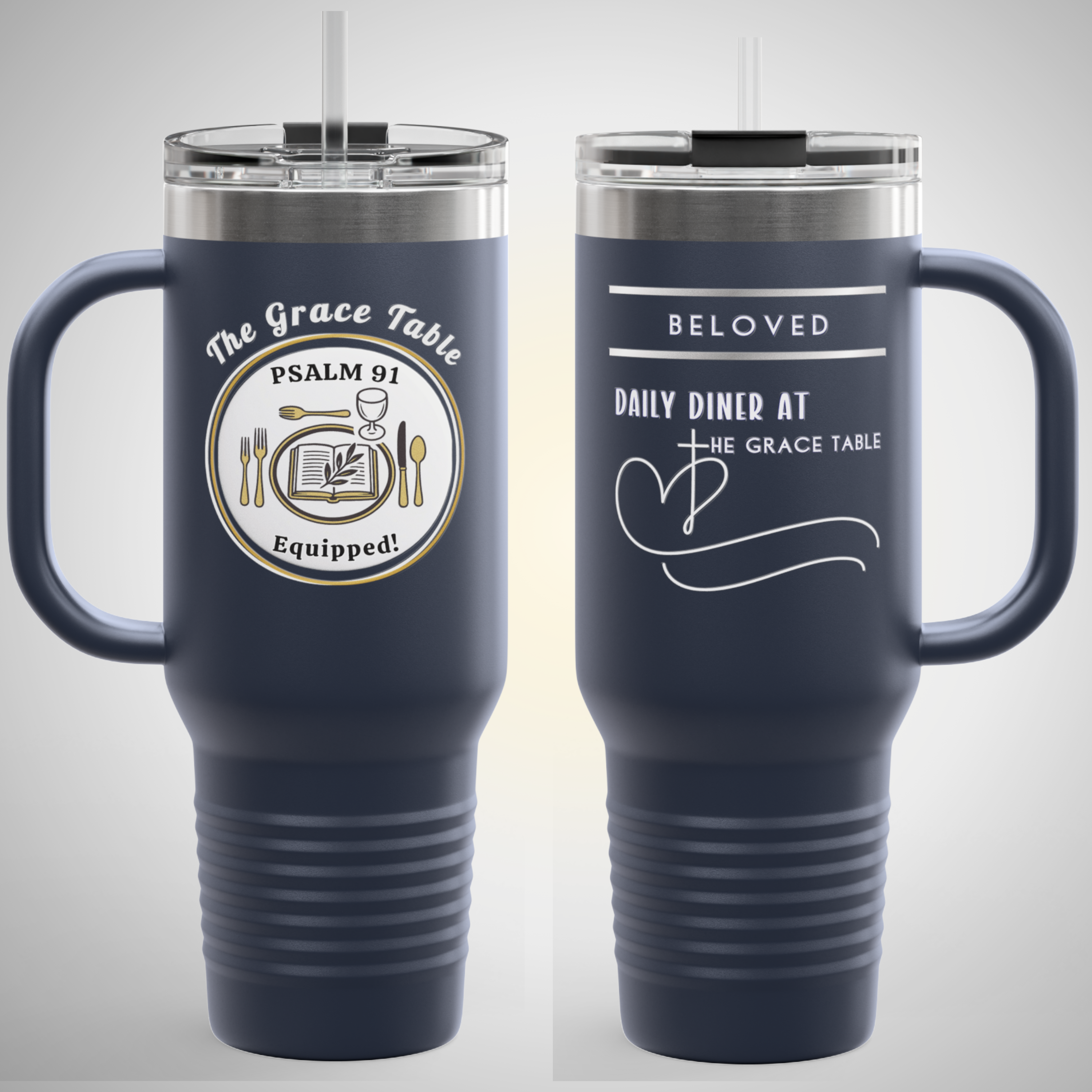 Personalizable "Daily Diner At The Grace Table™- Psalm 91 Equipped" 40 Oz Travel Mug | Insulated Tumbler with Handle & Straw | Custom Christian Gift | God’s Beloved Drinkware | Faith-Based Insulated Cup (5 Colors) - Image 11
