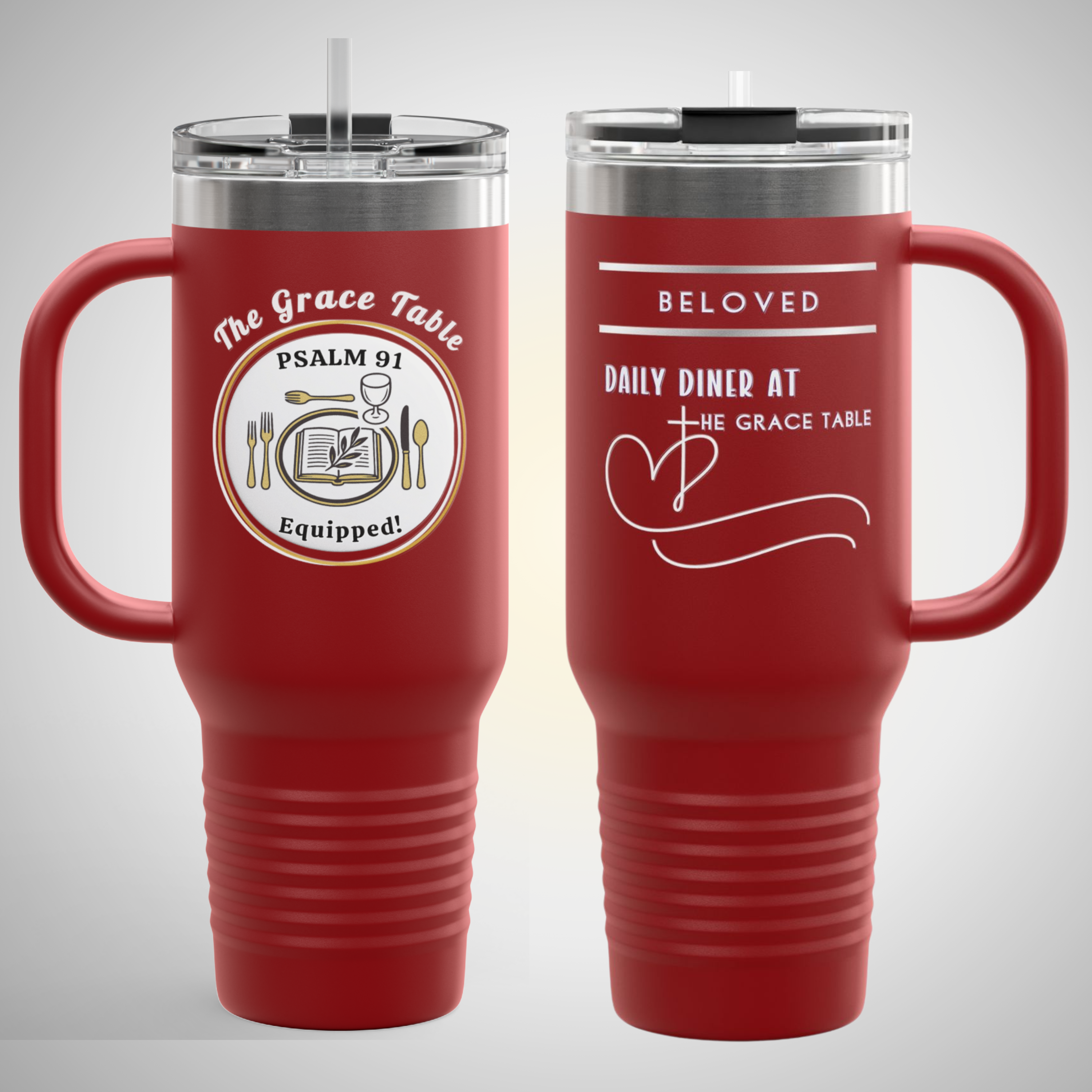 Personalizable "Daily Diner At The Grace Table™- Psalm 91 Equipped" 40 Oz Travel Mug | Insulated Tumbler with Handle & Straw | Custom Christian Gift | God’s Beloved Drinkware | Faith-Based Insulated Cup (5 Colors) - Image 14