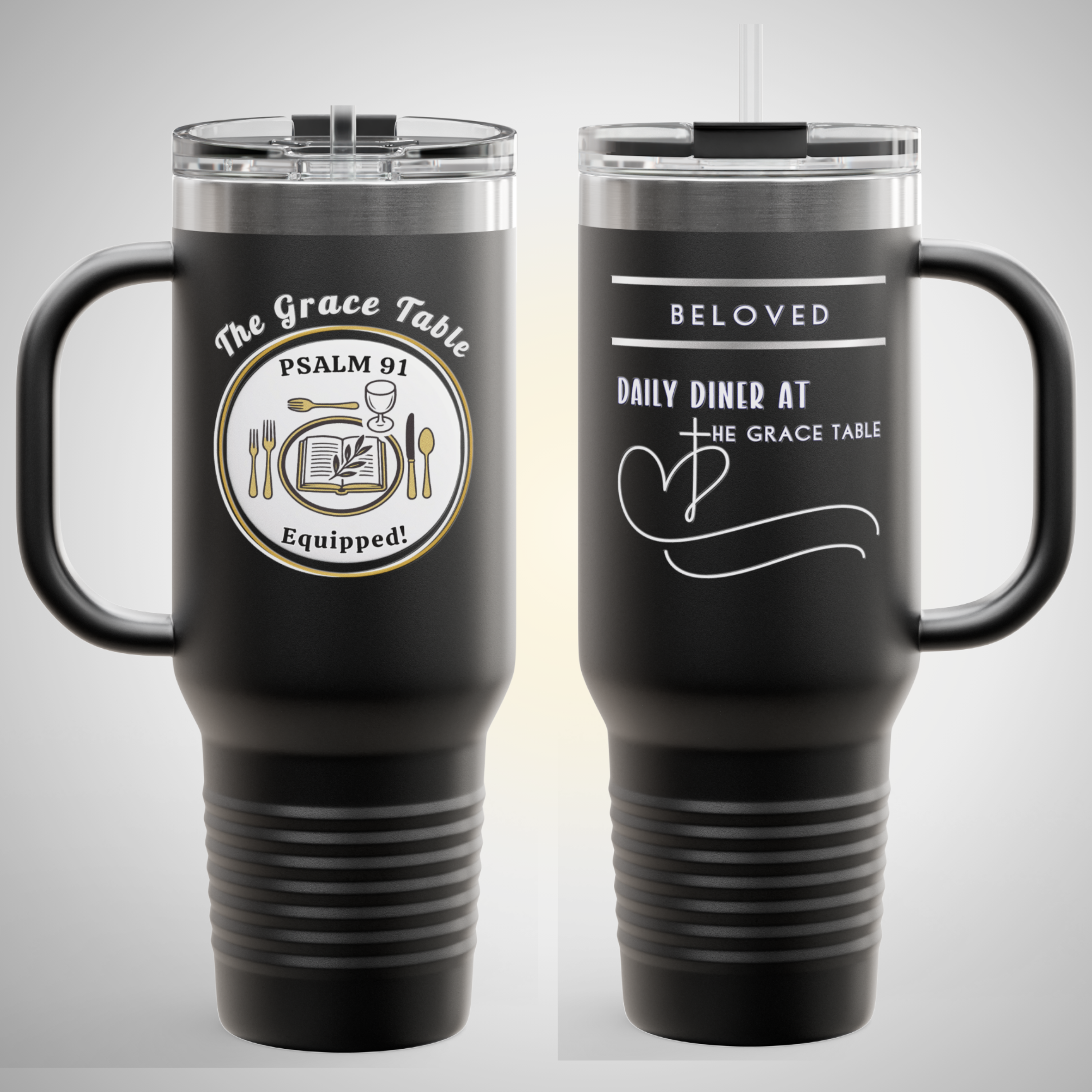 Personalizable "Daily Diner At The Grace Table™- Psalm 91 Equipped" 40 Oz Travel Mug | Insulated Tumbler with Handle & Straw | Custom Christian Gift | God’s Beloved Drinkware | Faith-Based Insulated Cup (5 Colors) - Image 13