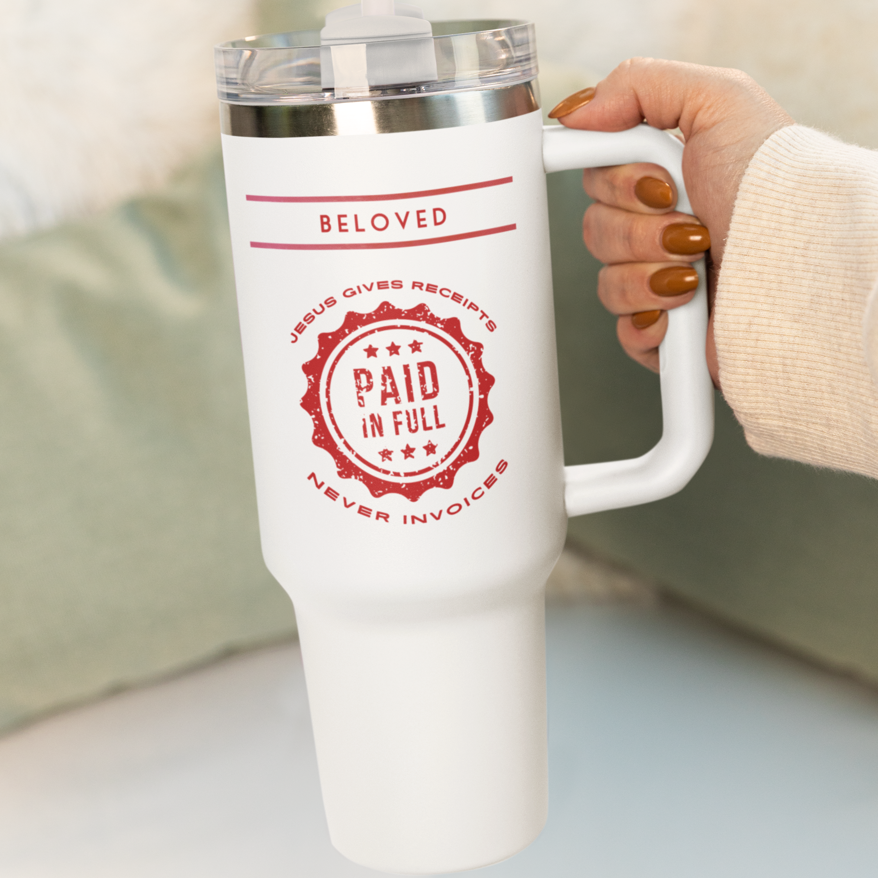 "Jesus Gives Receipts - Never Invoices" 40 oz Travel Mug | "Paid in Full" Insulated Tumbler with Handle & Straw | Christian Faith Drinkware | Inspirational Gift - Image 5