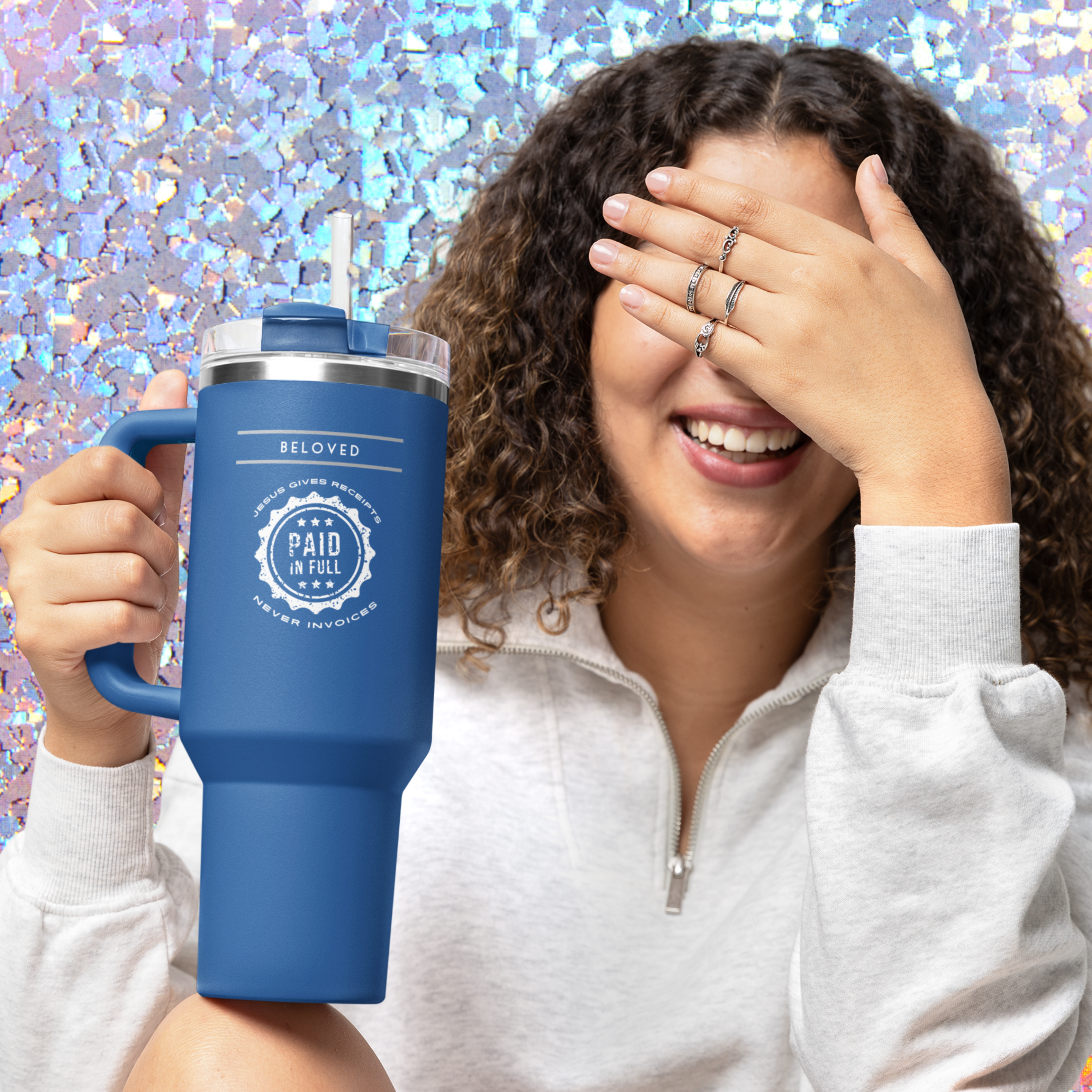 "Jesus Gives Receipts - Never Invoices" 40 oz Travel Mug | "Paid in Full" Insulated Tumbler with Handle & Straw | Christian Faith Drinkware | Inspirational Gift - Image 2