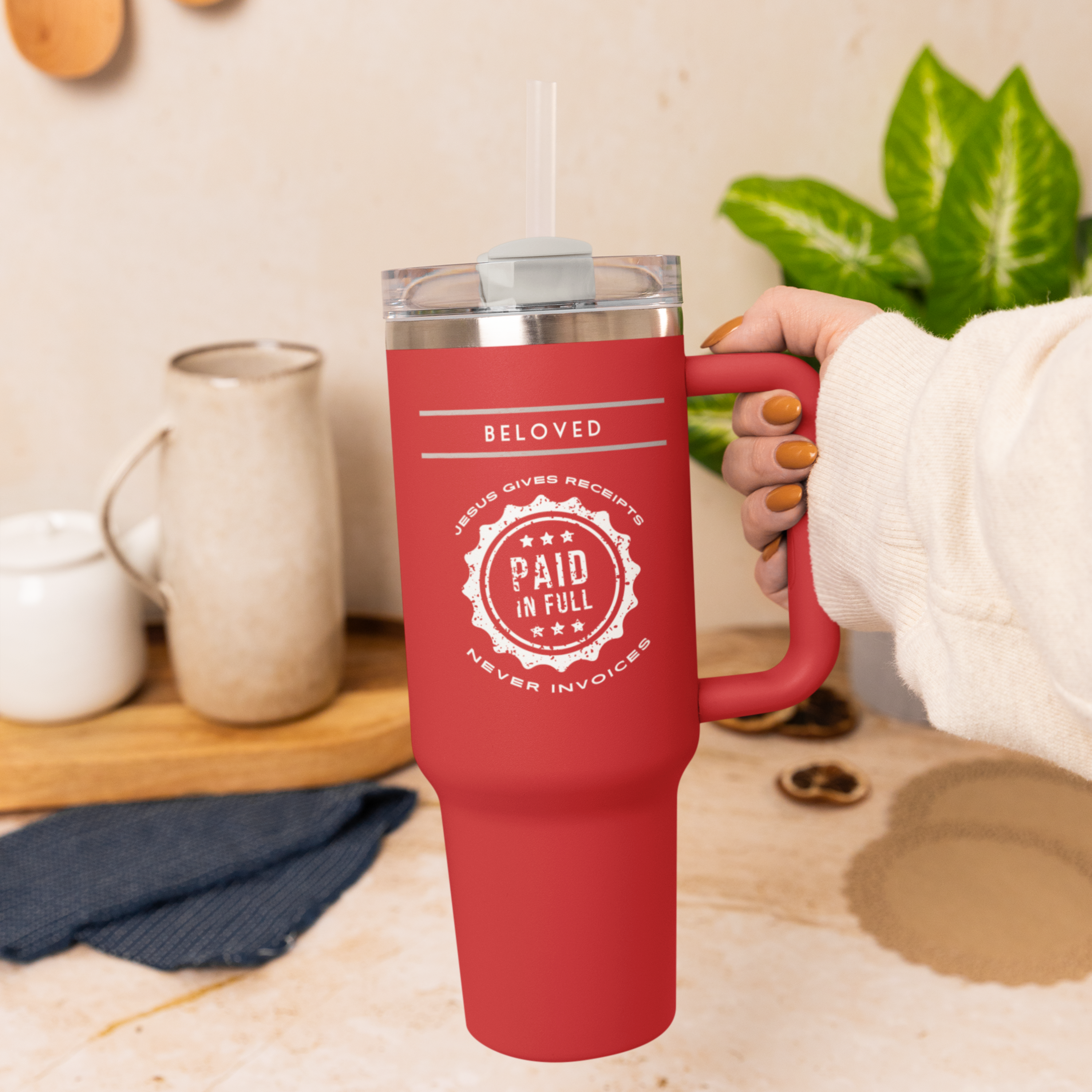 "Jesus Gives Receipts - Never Invoices" 40 oz Travel Mug | "Paid in Full" Insulated Tumbler with Handle & Straw | Christian Faith Drinkware | Inspirational Gift - Image 3
