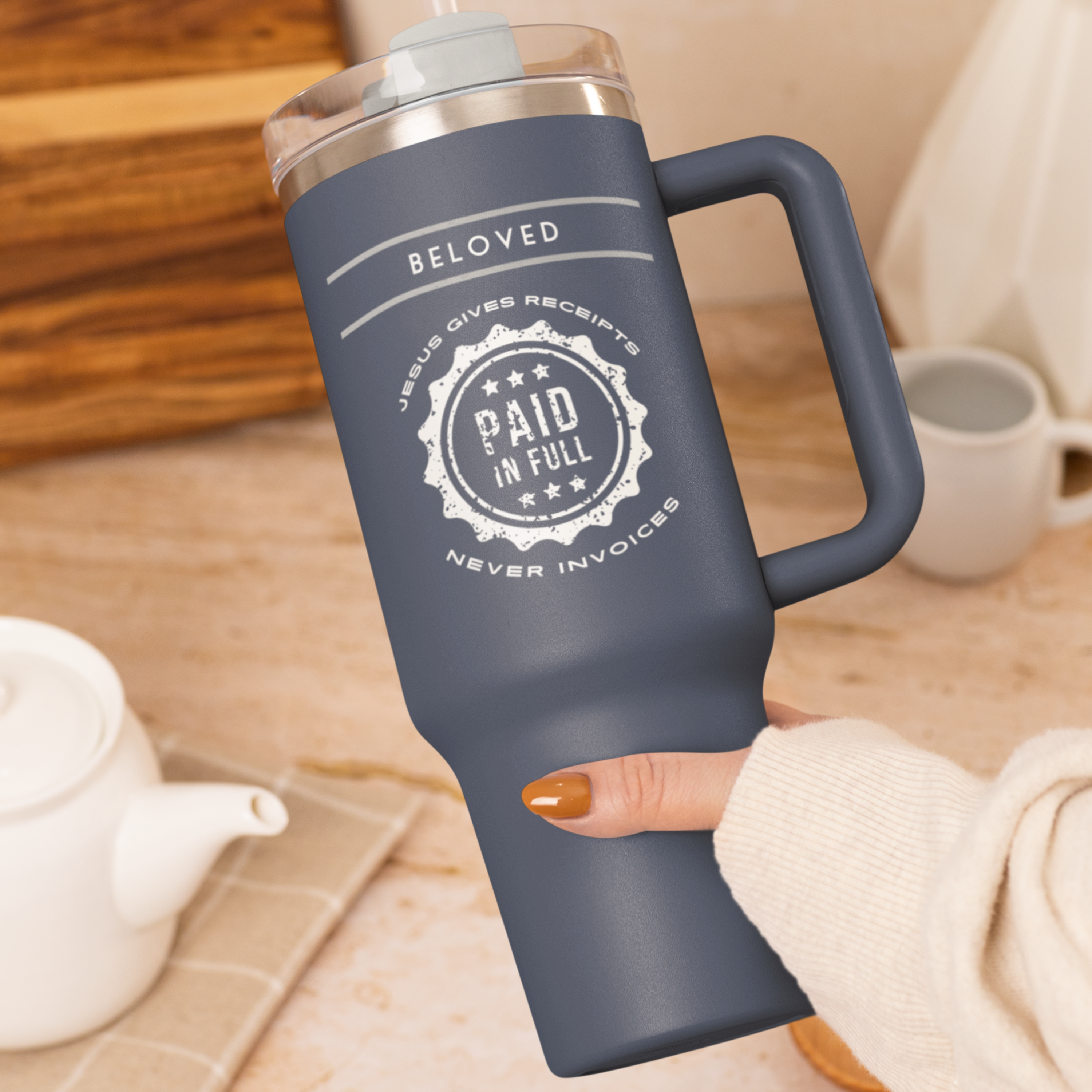 "Jesus Gives Receipts - Never Invoices" 40 oz Travel Mug | "Paid in Full" Insulated Tumbler with Handle & Straw | Christian Faith Drinkware | Inspirational Gift - Image 4