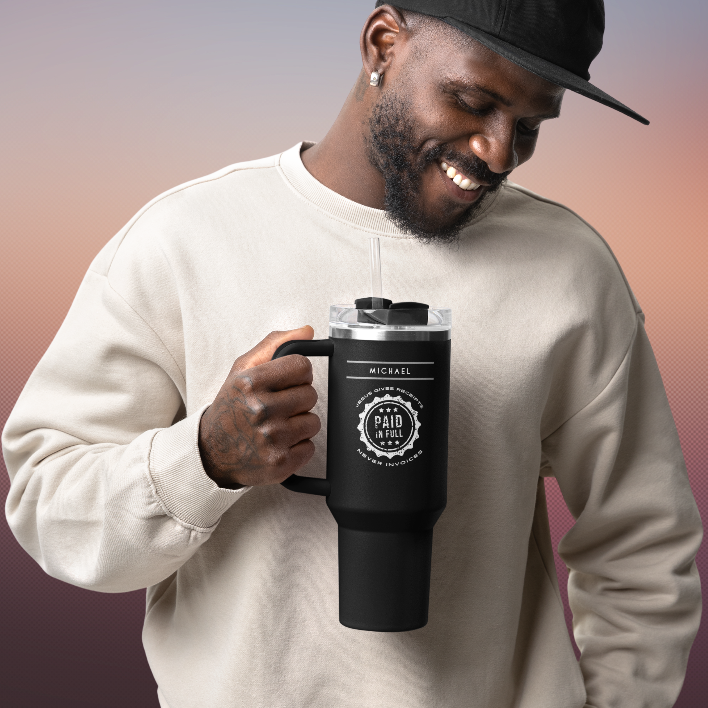 "Jesus Gives Receipts - Never Invoices" 40 oz Travel Mug | "Paid in Full" Insulated Tumbler with Handle & Straw | Christian Faith Drinkware | Inspirational Gift