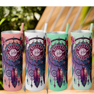 Personalizable "Believe-Rest-Receive!™" Skinny Tumbler with Floral Feathered Dreamcatcher | 20 oz Stainless Steel Travel Cup | "Believe-Rest-Receive!" Roadmap of Faith Logo | Double-Walled 20 Oz Christian Gift
